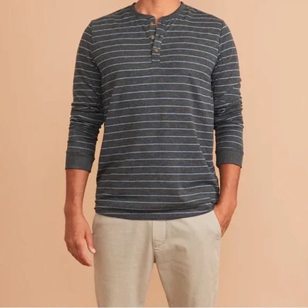 Marine Layer Double Knit Henley Shirt Mens 2XL Gray Blue Striped Long Sleeve NWT