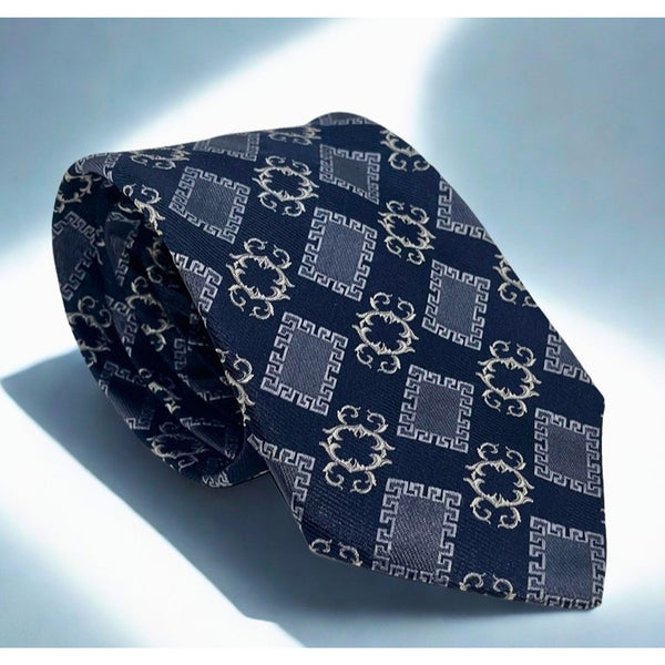 Gianni Versace Silk Tie Baroque Geometric Navy Gold Italy Vintage Medusa Luxury
