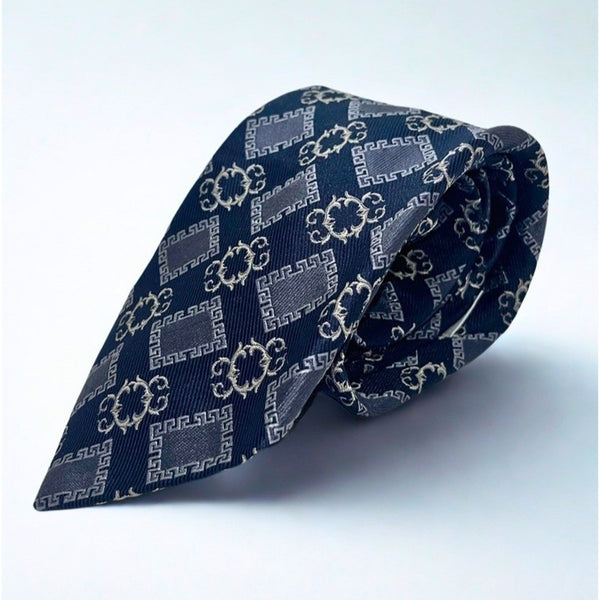 Gianni Versace Silk Tie Baroque Geometric Navy Gold Italy Vintage Medusa Luxury