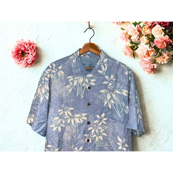 Tommy Bahama Silk Hawaiian Shirt Men’s L Blue Floral Camp Shirt 100% Silk