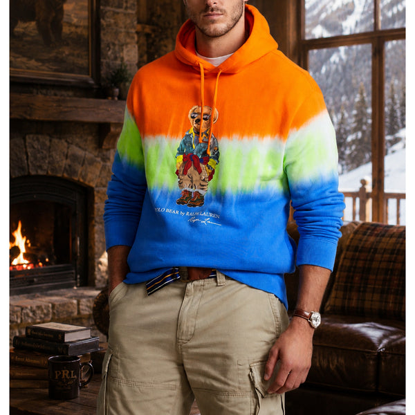 Polo Ralph Lauren Polo Bear Tie-Dye Fleece Hoodie Men's Large Orange Blue EUC