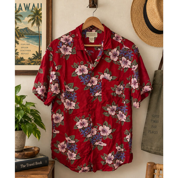 Banana Republic Safari Travel Hawaiian Shirt Floral Rayon Red Sz. Small Vintage