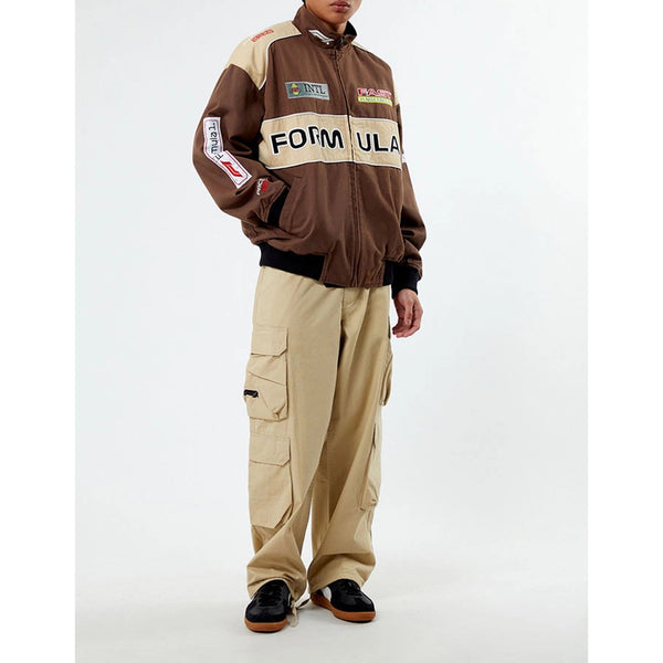 PacSun Formula 1 F1 Racing Bomber Jacket Brown Tan Full Zip Men’s Large