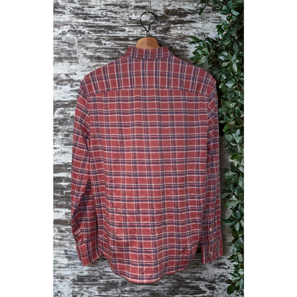 Faherty Coastline Knit Shirt Men's S River Rose Pink Blue Plaid Button Down EUC