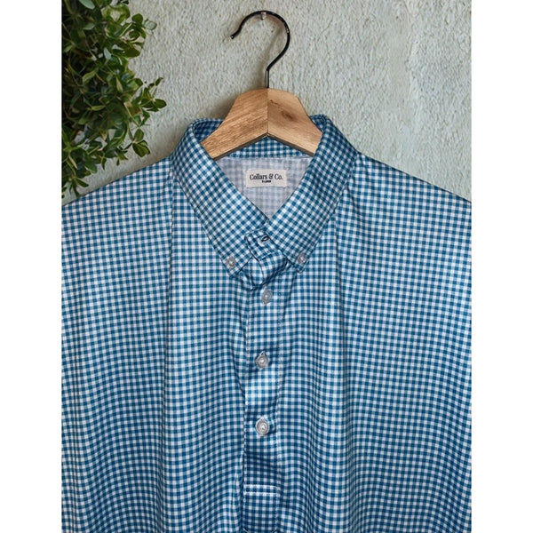 Collars & Co XL Blue Gingham Performance Polo Dress Collar Golf Shirt EUC