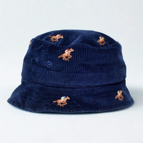 Polo Ralph Lauren Equestrian Corduroy Bucket Hat L/XL Navy Pony All Over NWOT