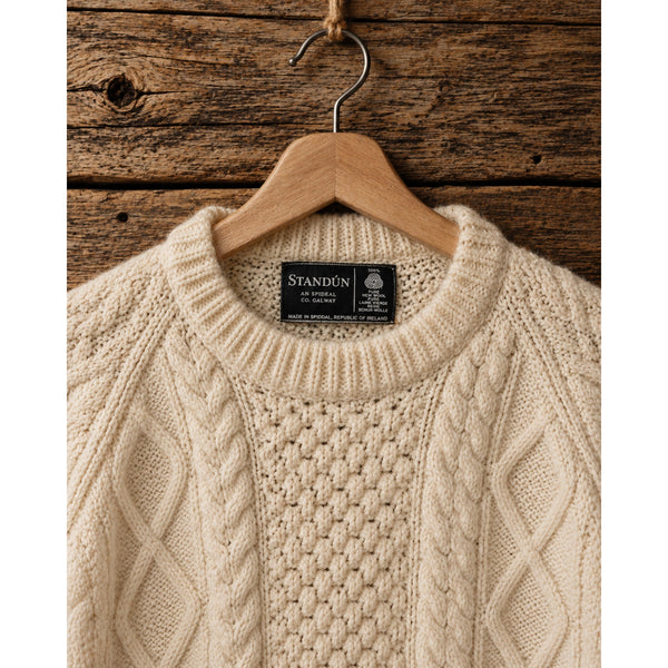 Standun Aran Irish Wool Fisherman Cable Knit Sweater Men's S Cream Handmade