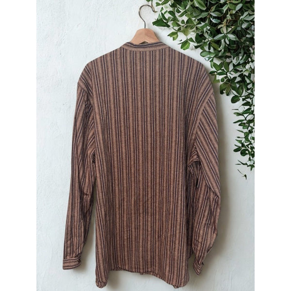 J. Peterman Grandad Band Collar Shirt Sz. XL Striped Brass Button Cotton Vintage