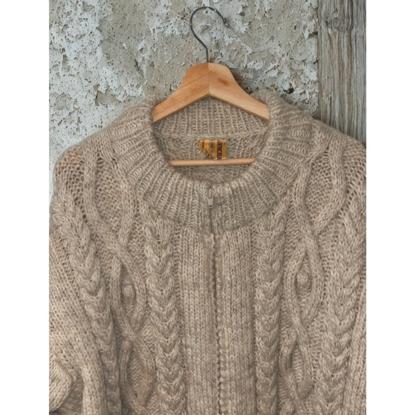 Anncraft Donegal Irish Wool Fisherman Sweater L Full Zip Cable Knit Vintage