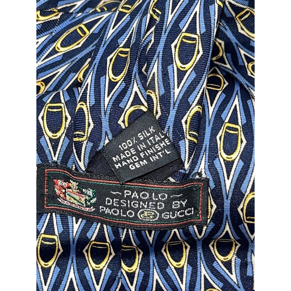 Paolo Gucci Vintage Equestrian Silk Tie Navy Blue Gold Geometric Made in Italy