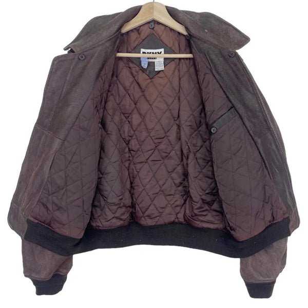 DKNY Jeans Vintage Leather Bomber Jacket Brown American Motor Patches Sz S