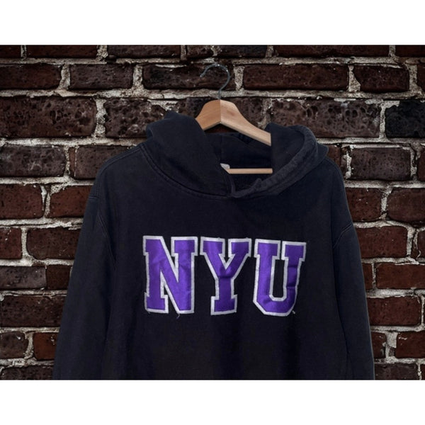 NYU Hoodie MV Sport Pro Weave Sunfaded Black Purple Spellout Size L Y2K