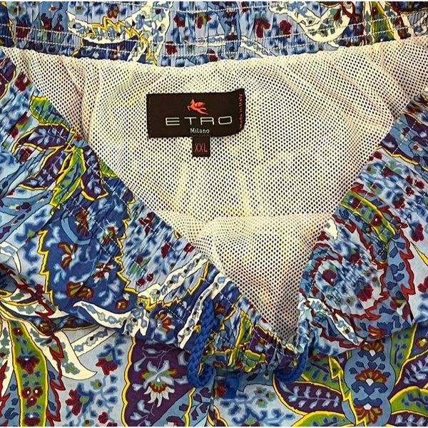 ETRO Milano Swim Trunks Mens 2XL Blue Paisley Lined Drawstring Made In Italy