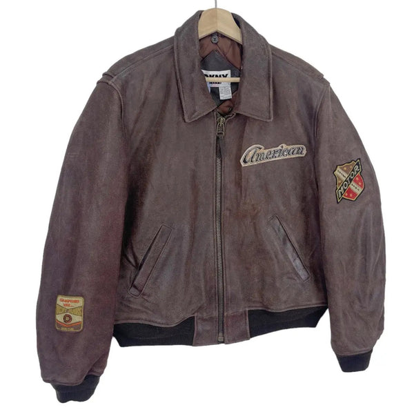 DKNY Jeans Vintage Leather Bomber Jacket Brown American Motor Patches Sz S