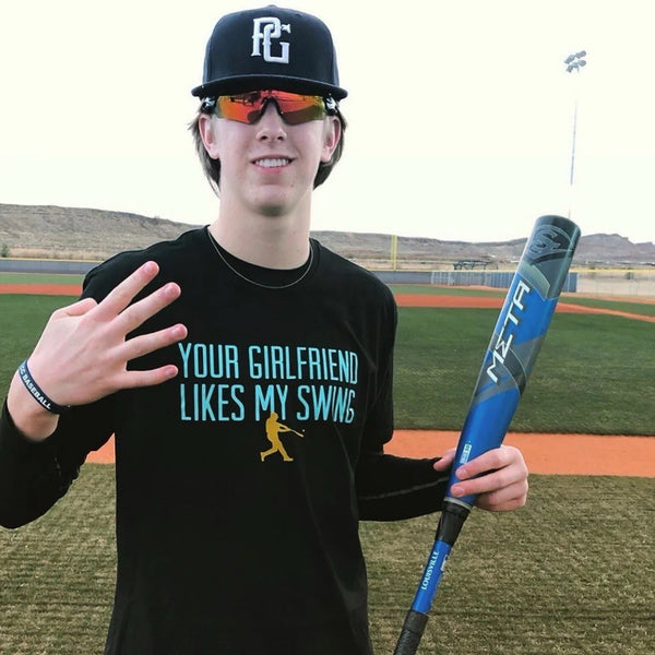 B101 Baseball Lifestyle 101 Your Girlfriend Likes My Swing Tee Black Mens Large