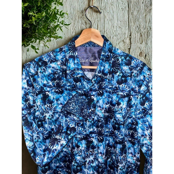 Robert Graham Blue Floral Shirt Mens M Flip Cuff Geometric Button Down EUC