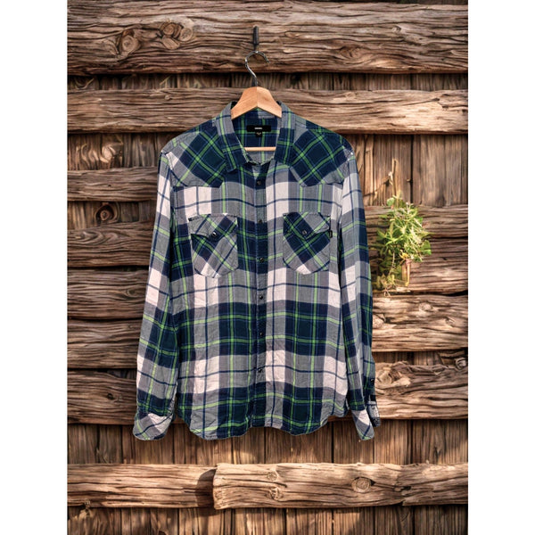Diesel Y2K Western Pearl Snap Plaid Shirt Mens L Cowboy Grunge Streetwear EUC