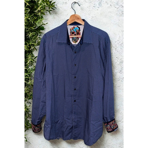 Robert Graham XL Classic Fit Blue Geometric Flip Cuff Button Shirt NWOT Luxury