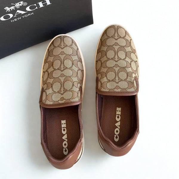 Coach Wells Slip On Sneakers C4393 Sig PVC Khaki Saddle Women’s 9B NIB