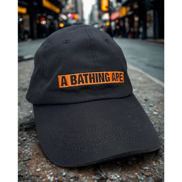 BAPE A Bathing Ape Logo Dad Hat Cap Black Orange Strapback Rare Streetwear