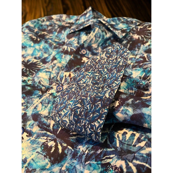 Robert Graham Blue Floral Shirt Mens M Flip Cuff Geometric Button Down EUC