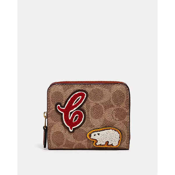 Coach C7205 Billfold Wallet Signature Canvas Tan Rust w/ Bear Patch EUC