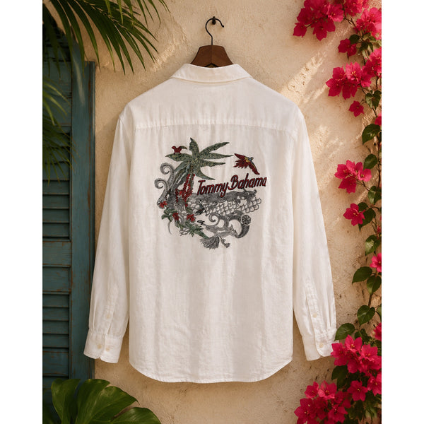 Tommy Bahama Mens XLT 100% Linen Embroidered Back Button Down Shirt White NWOT
