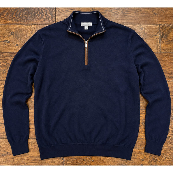 Peter Millar Crown Autumn Crest Merino Wool Suede Trim 1/4 Zip Navy XL $265