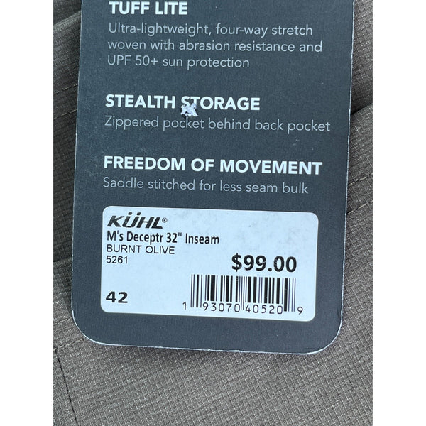 Kuhl Deceptr Pants 42x32 Burnt Olive UPF 50+ Tapered Stretch Hiking NWT