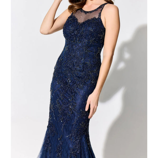 Ivonne D For Mon Cheri ID310 Scoop Neck Embroidered Navy Dress Sz. 12 (SAMPLE)