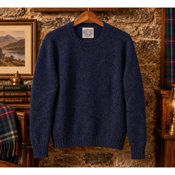 Jamieson's of Shetland Wool Sweater Men's M Navy Blue Brushed Shag Scotland