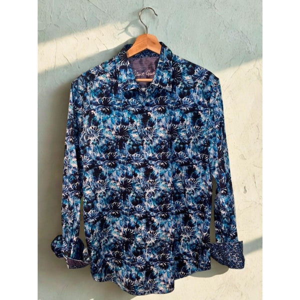 Robert Graham Blue Floral Shirt Mens M Flip Cuff Geometric Button Down EUC