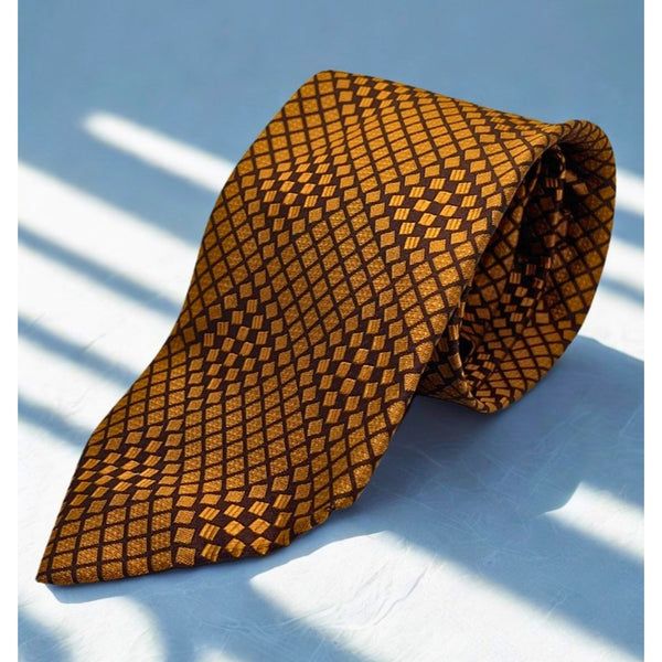 Gucci 100% Silk Tie Brown Gold Geometric Made in Italy Luxury Designer Necktie