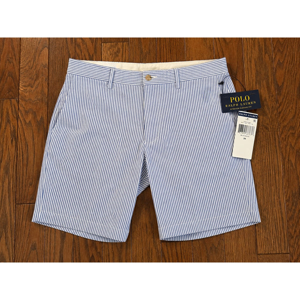 Polo Ralph Lauren Blue White Seersucker Stretch Classic Fit Shorts Sz. 34 NWT