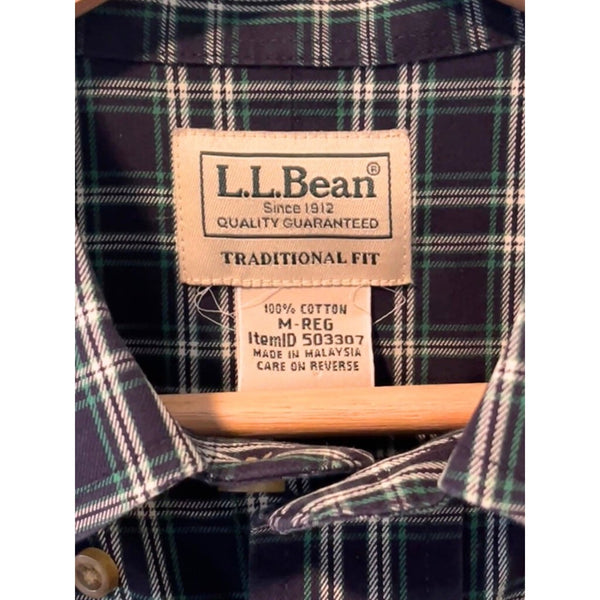 LL Bean Shirt Mens M Green Blue Plaid Kennebunk Sport Button Down Long Sleeve