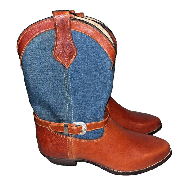 Frye Cowboy Boots Denim Brown Leather Silver Buckles Vintage Sz 8 RARE Deadstock