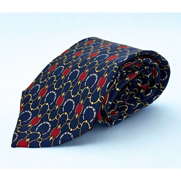 Gucci Paolo Equestrian Silk Tie Navy Gold Red Geometric Horsebit Italy