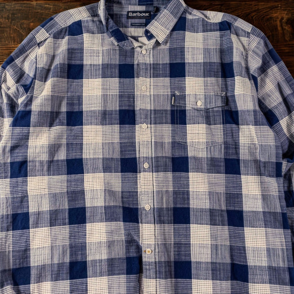 Barbour Tailored Fit Plaid Button Shirt Men's XL Blue White Cotton Long Sleeve