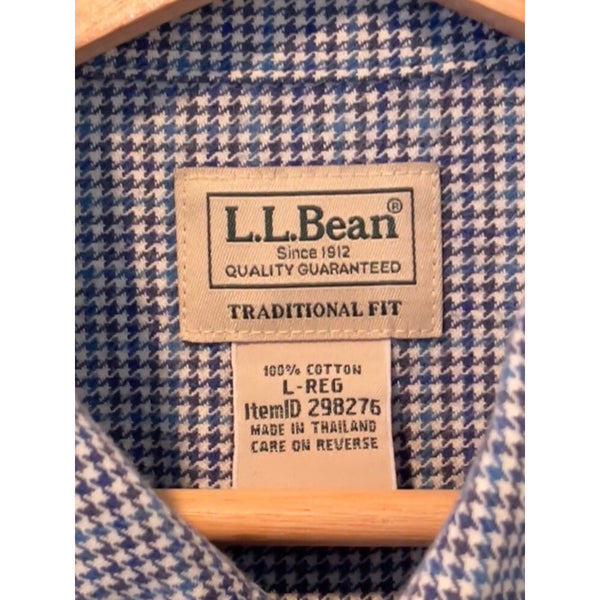 LL Bean Mens Large Blue Houndstooth Check Flannel Button Down Shirt Pocket