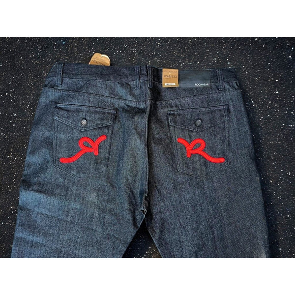 Rocawear Jeans 48x32 Vintage Deadstock Classic Fit R Flap Raw Black Red NWT