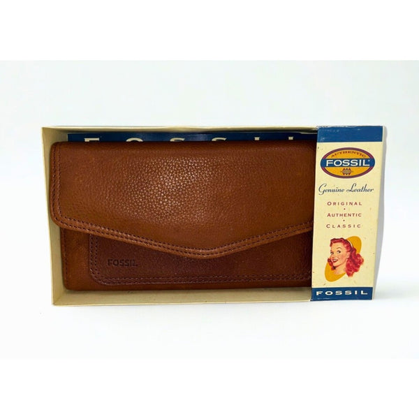 Fossil Saddle Cargo Flap Clutch Wallet Brown Leather NWT Y2K w Box
