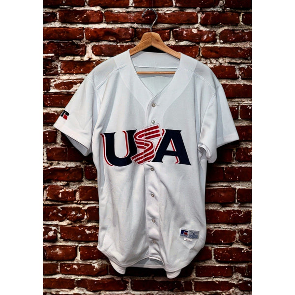 Team USA Baseball Jersey Russell Athletic White 2000 Olympics Sz 44 (L) Vintage