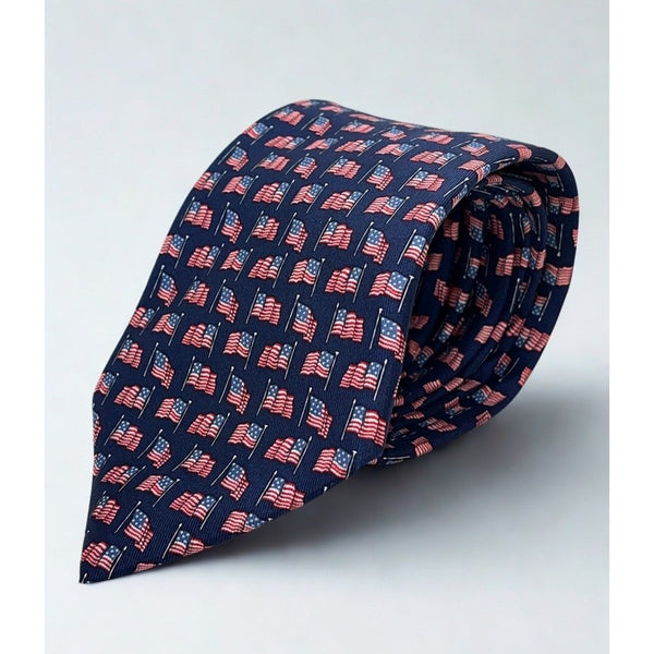 Salvatore Ferragamo Silk Tie USA Flag Patriotic Navy Made Italy Luxury Vintage