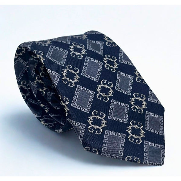 Gianni Versace Silk Tie Baroque Geometric Navy Gold Italy Vintage Medusa Luxury