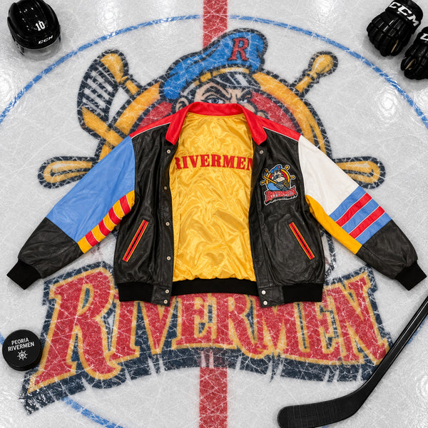 Jeff Hamilton Peoria Rivermen Reversible Leather Satin Jacket M 90’s Hockey VTG