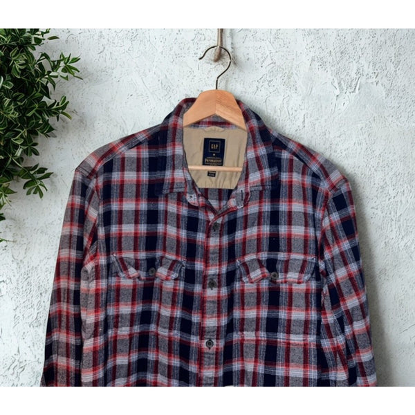 Gap x Pendleton Flannel Shirt Men XL Red Navy Plaid Cotton Double Pocket