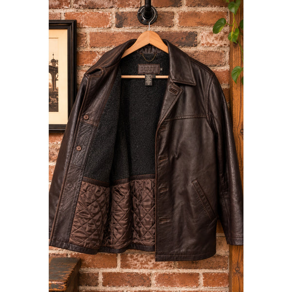 J.Crew Vintage Brown Leather Wool Blanket Lined Car Coat Jacket Men’s M Vintage