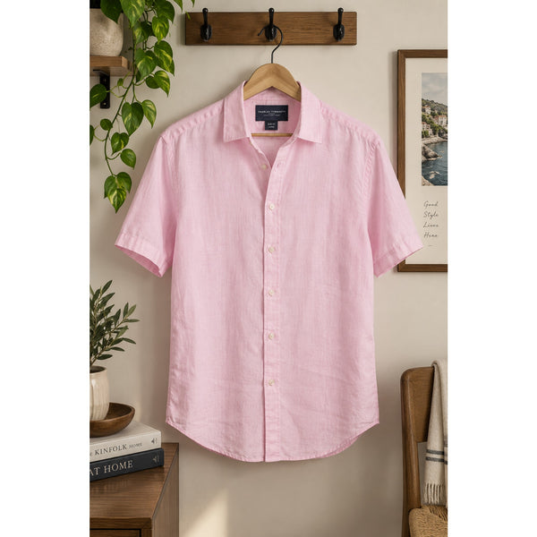 Charles Tyrwhitt Linen Shirt Sz. Large Pink Button Up Slim Fit Short Sleeve NWOT