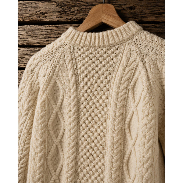 Carraig Donn Aran Irish Wool Sweater Men's S Cream Cable Knit Fisherman Handmade