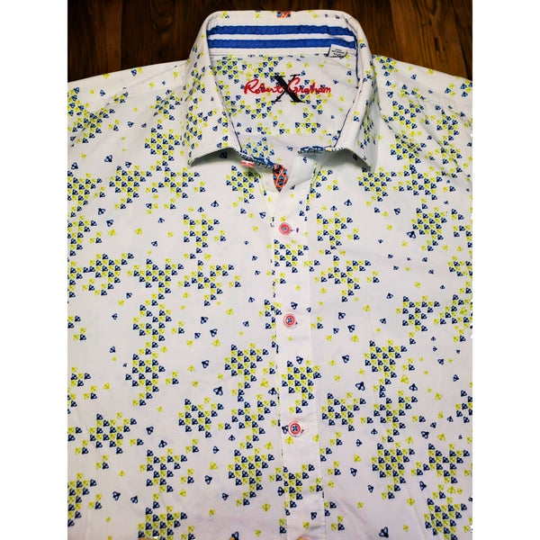 Robert Graham Bees Print Shirt 3XL White Blue Yellow Tailored Fit Short Sleeve